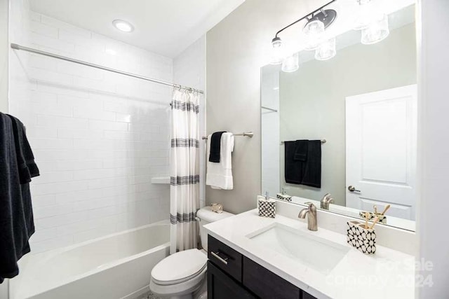 full bathroom featuring vanity, shower / tub combo with curtain, and toilet