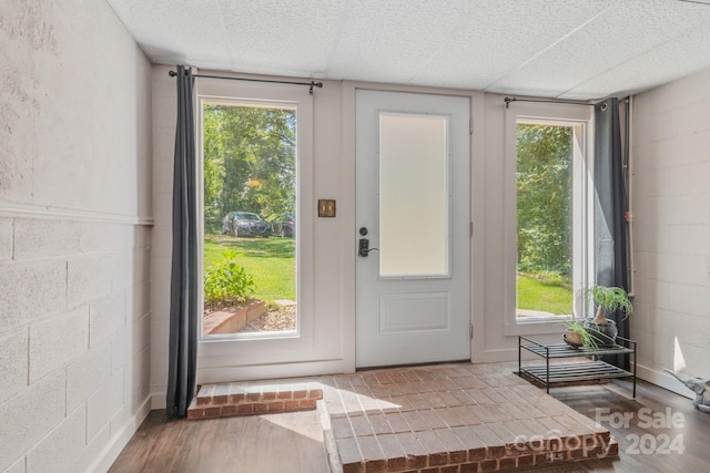 doorway to outside with concrete block wall and wood finished floors