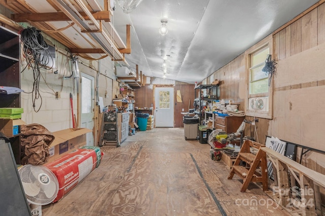 below grade area with a wealth of natural light, wood walls, and a workshop area