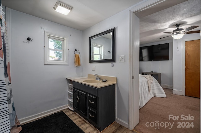 bathroom with ceiling fan, wood finished floors, vanity, visible vents, and baseboards