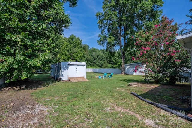 view of yard featuring a storage shed