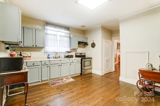 kitchen with hardwood / wood-style floors, gray cabinets, and stainless steel electric stove