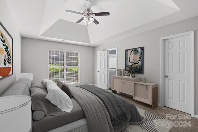 bedroom with carpet, a raised ceiling, and ceiling fan