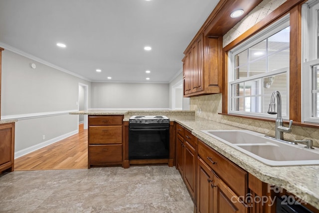 kitchen featuring tasteful backsplash, light hardwood / wood-style floors, crown molding, sink, and white electric stove