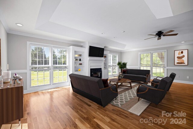 living room with a tray ceiling, hardwood / wood-style flooring, and a healthy amount of sunlight