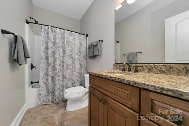 full bath with shower / bathtub combination with curtain, tile patterned flooring, vanity, and toilet