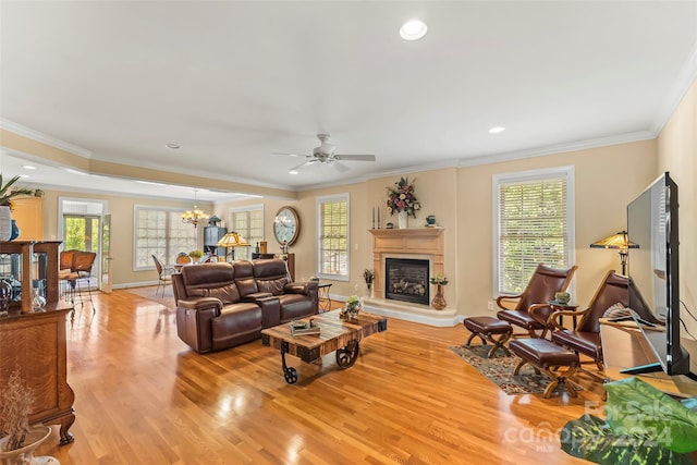 living room featuring ceiling fan with notable chandelier, light hardwood / wood-style flooring, a healthy amount of sunlight, and ornamental molding