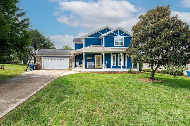 view of front of home featuring a front lawn, a porch, and a garage