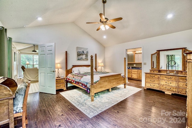 bedroom with high vaulted ceiling, ceiling fan, dark hardwood / wood-style flooring, and a textured ceiling