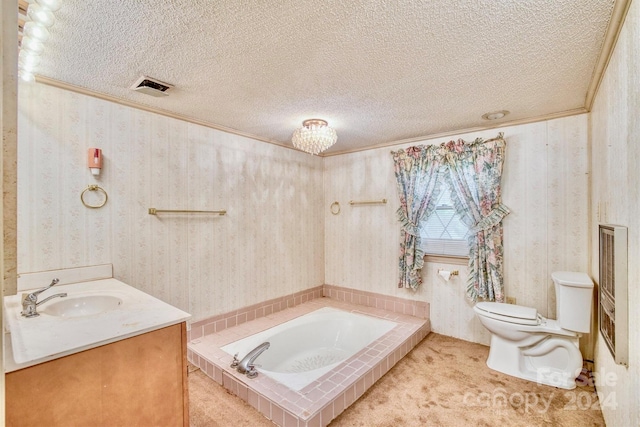 bathroom featuring crown molding, toilet, a bath, vanity, and a textured ceiling