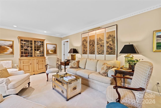 carpeted living room featuring ornamental molding