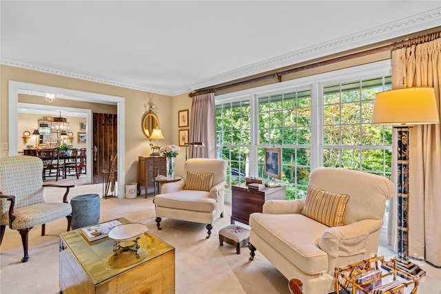 carpeted living room featuring crown molding