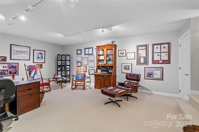 living area with rail lighting and light colored carpet