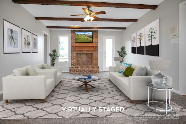 living area with a brick fireplace, beam ceiling, baseboards, and carpet flooring