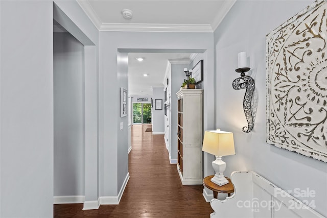 hall featuring ornamental molding and dark hardwood / wood-style flooring