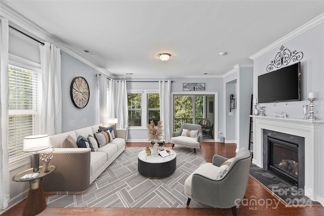 living room featuring crown molding and hardwood / wood-style floors