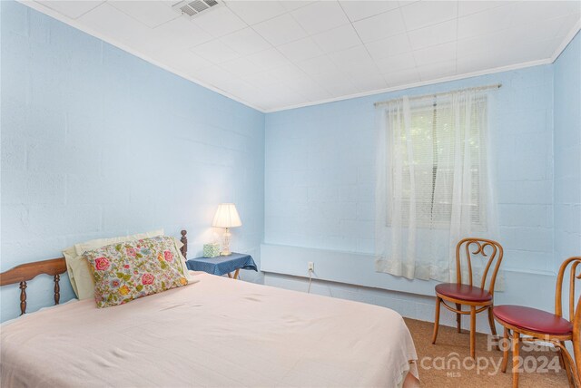 bedroom with carpet and ornamental molding