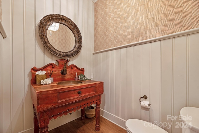 bathroom with vanity, toilet, and wood-type flooring