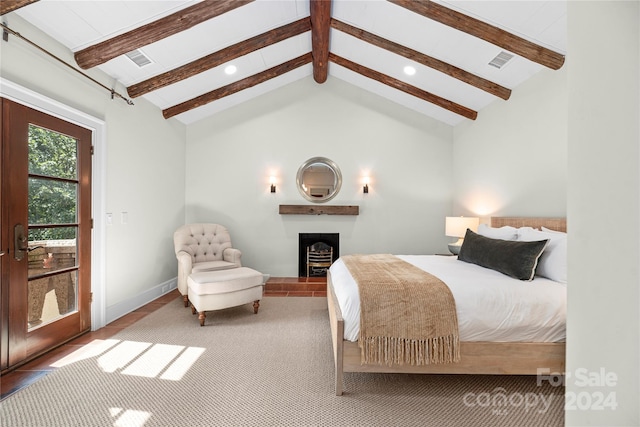 bedroom featuring high vaulted ceiling, beamed ceiling, and tile patterned floors