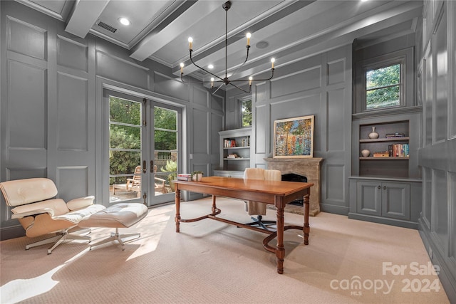 home office featuring an inviting chandelier, french doors, built in shelves, beamed ceiling, and light carpet