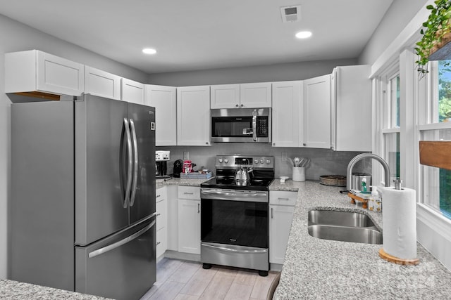 kitchen with visible vents, white cabinetry, stainless steel appliances, and a sink