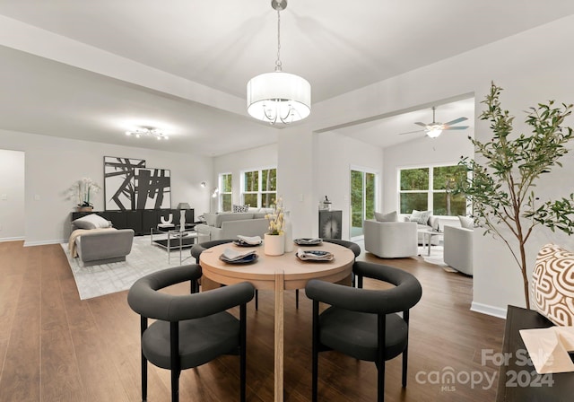 dining room featuring ceiling fan with notable chandelier, wood finished floors, and baseboards