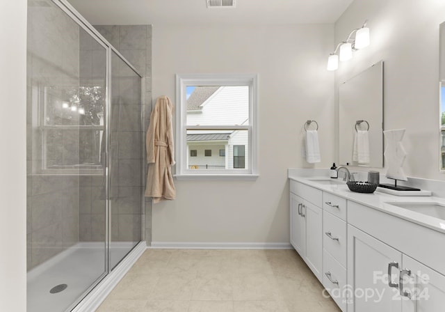 6034 Jepson Ct, Charlotte, NC 28214 - full bath with visible vents, a stall shower, a sink, double vanity, and baseboards