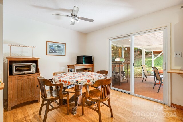 dining room featuring ceiling fan and light hardwood / wood-style floors