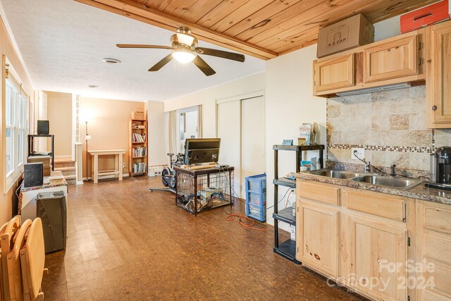 kitchen with backsplash, sink, ceiling fan, wood ceiling, and light brown cabinets