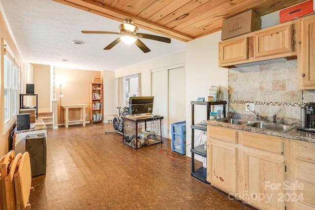 19 Brookcliff Dr, Asheville, NC 28804 - kitchen with light brown cabinets, visible vents, a sink, ceiling fan, and backsplash