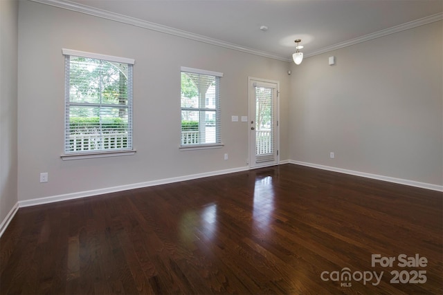 spare room featuring ornamental molding and dark hardwood / wood-style flooring