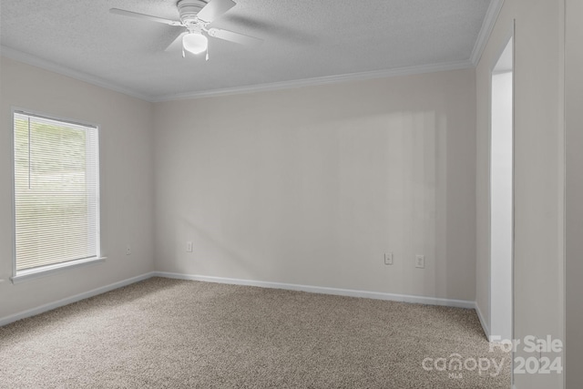 unfurnished room featuring a textured ceiling, carpet floors, ceiling fan, and crown molding