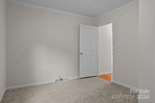 unfurnished room featuring carpet, crown molding, and a textured ceiling