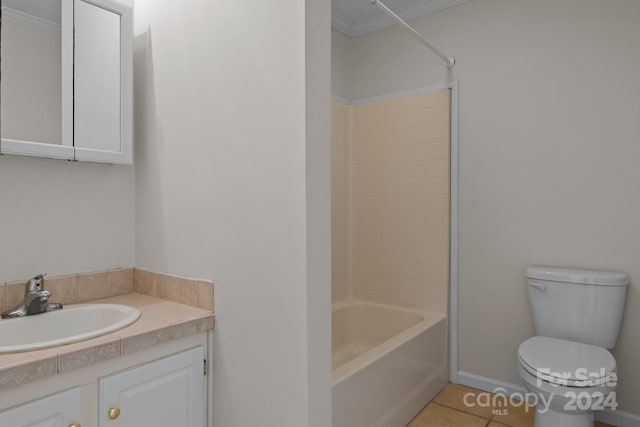 full bathroom featuring shower / washtub combination, tile patterned flooring, vanity, crown molding, and toilet