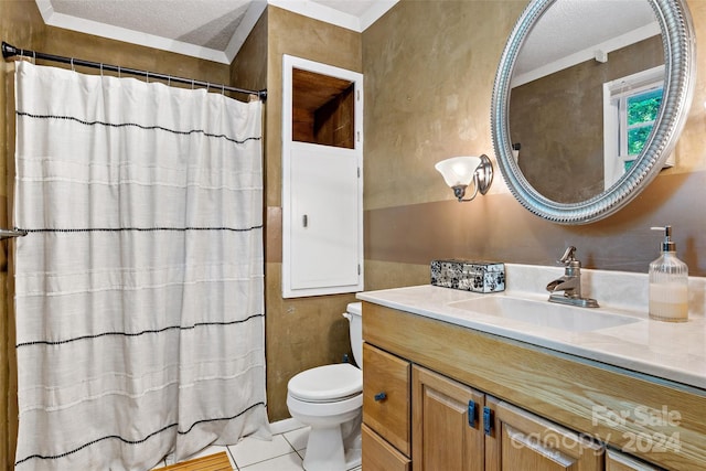 bathroom featuring vanity, crown molding, tile patterned floors, a textured ceiling, and toilet