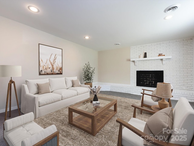 living room featuring a brick fireplace