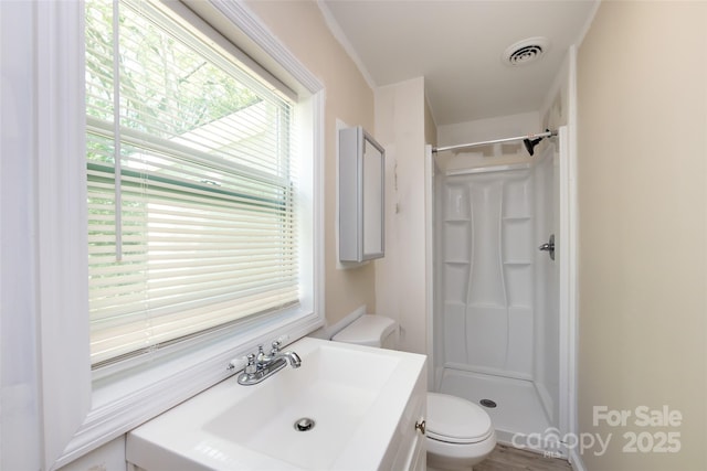 bathroom with toilet, walk in shower, and sink