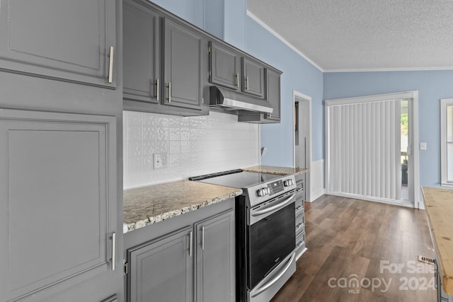 kitchen featuring gray cabinetry, a textured ceiling, lofted ceiling, dark hardwood / wood-style floors, and stainless steel electric range oven