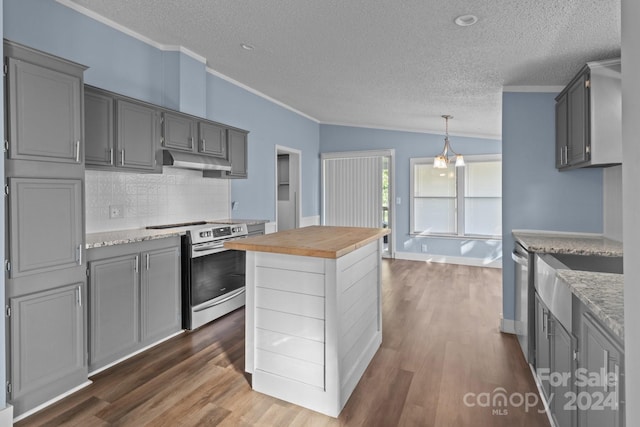 kitchen with dark hardwood / wood-style floors, lofted ceiling, appliances with stainless steel finishes, decorative light fixtures, and crown molding