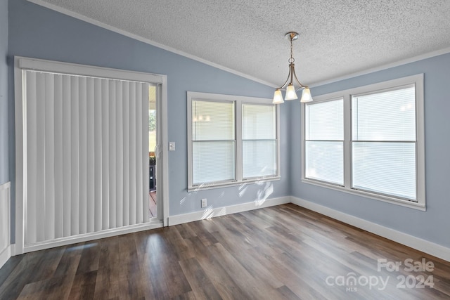 unfurnished dining area featuring a textured ceiling, a healthy amount of sunlight, and dark hardwood / wood-style flooring