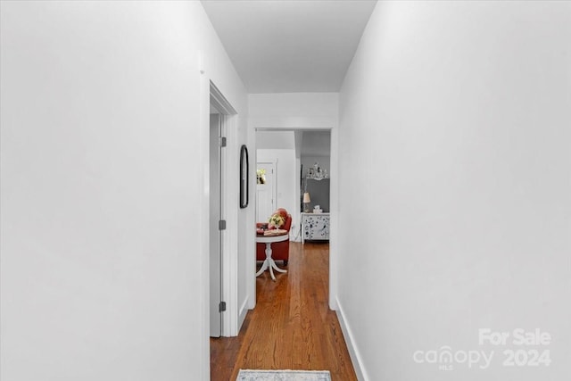 hallway with dark hardwood / wood-style flooring