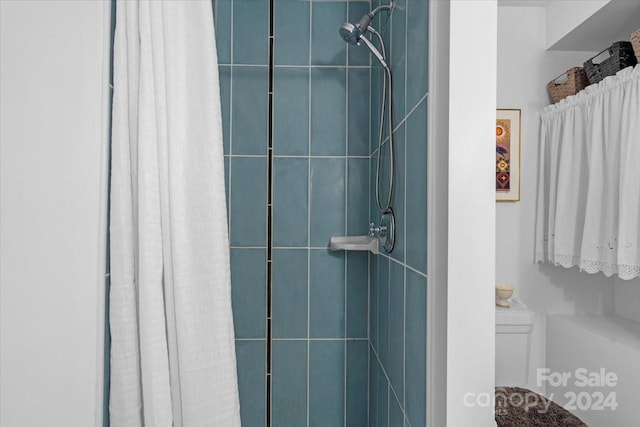 details featuring a shower with curtain and toilet