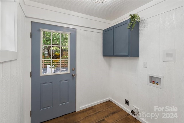 washroom with cabinets, hookup for an electric dryer, washer hookup, and dark wood-type flooring