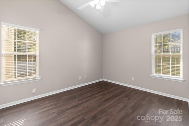 unfurnished room featuring ceiling fan, dark hardwood / wood-style flooring, and lofted ceiling