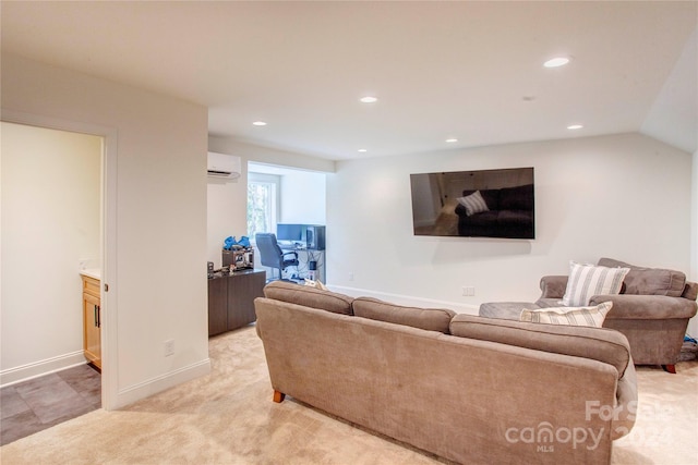 living room with a wall mounted air conditioner, light carpet, and lofted ceiling