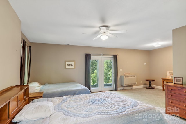 bedroom with ceiling fan, light colored carpet, and access to exterior