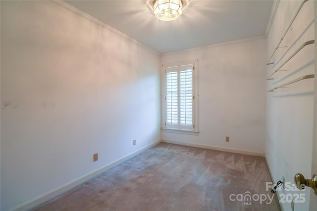 carpeted spare room featuring crown molding