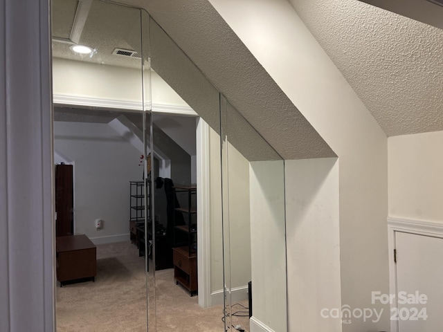 interior space with light colored carpet, a textured ceiling, and lofted ceiling