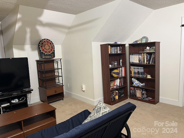 interior space featuring light carpet, lofted ceiling, and a textured ceiling