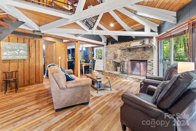 living area with a fireplace, lofted ceiling with beams, wood walls, wood finished floors, and wooden ceiling